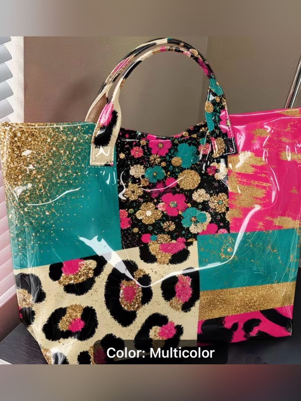 Multicolor Floral & Leopard Patent Tote Bag